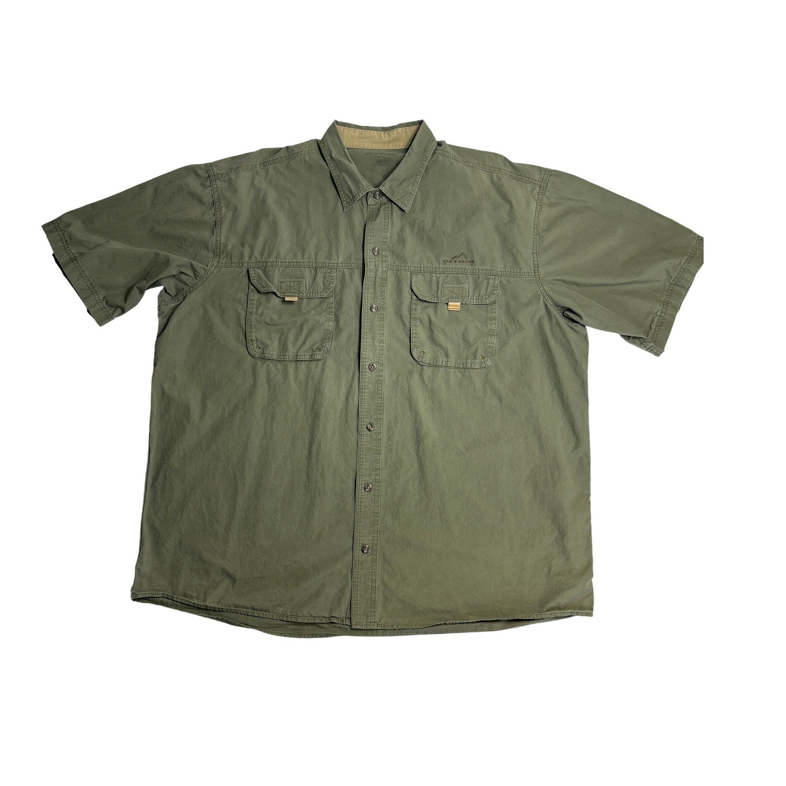 Eddie Bauer Xxl Olive Green Utility Shirt Expandable Pockets Hiking Camping Boho